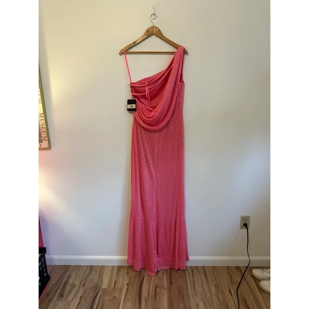 NWT IEENA for Mac Duggal Pink One Shoulder Sequin Gown Slit Cowl Back | Size 8